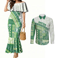 Samoa Mamanu Siapo Forest Green Couples Matching Mermaid Dress and Long Sleeve Button Shirt Tatau Malie