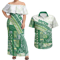 Samoa Mamanu Siapo Forest Green Couples Matching Off Shoulder Maxi Dress and Hawaiian Shirt Tatau Malie