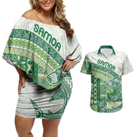 Samoa Mamanu Siapo Forest Green Couples Matching Off Shoulder Short Dress and Hawaiian Shirt Tatau Malie