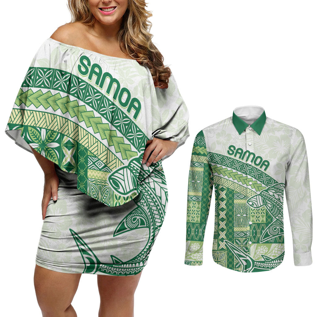 Samoa Mamanu Siapo Forest Green Couples Matching Off Shoulder Short Dress and Long Sleeve Button Shirt Tatau Malie