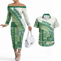 Samoa Mamanu Siapo Forest Green Couples Matching Off The Shoulder Long Sleeve Dress and Hawaiian Shirt Tatau Malie