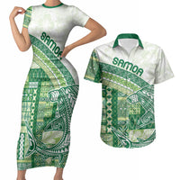 Samoa Mamanu Siapo Forest Green Couples Matching Short Sleeve Bodycon Dress and Hawaiian Shirt Tatau Malie