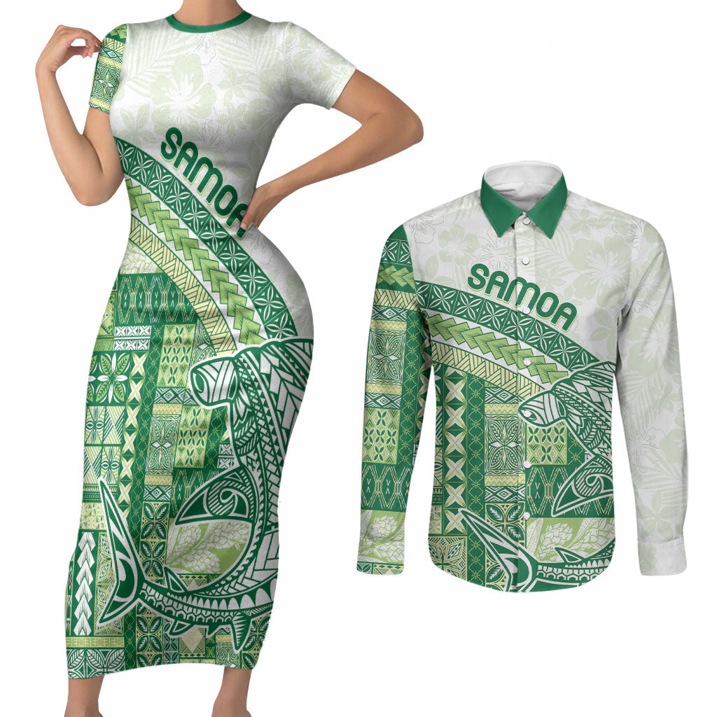 Samoa Mamanu Siapo Forest Green Couples Matching Short Sleeve Bodycon Dress and Long Sleeve Button Shirt Tatau Malie