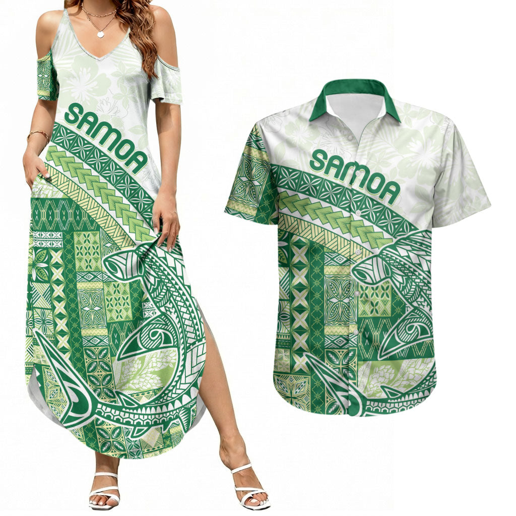 Samoa Mamanu Siapo Forest Green Couples Matching Summer Maxi Dress and Hawaiian Shirt Tatau Malie