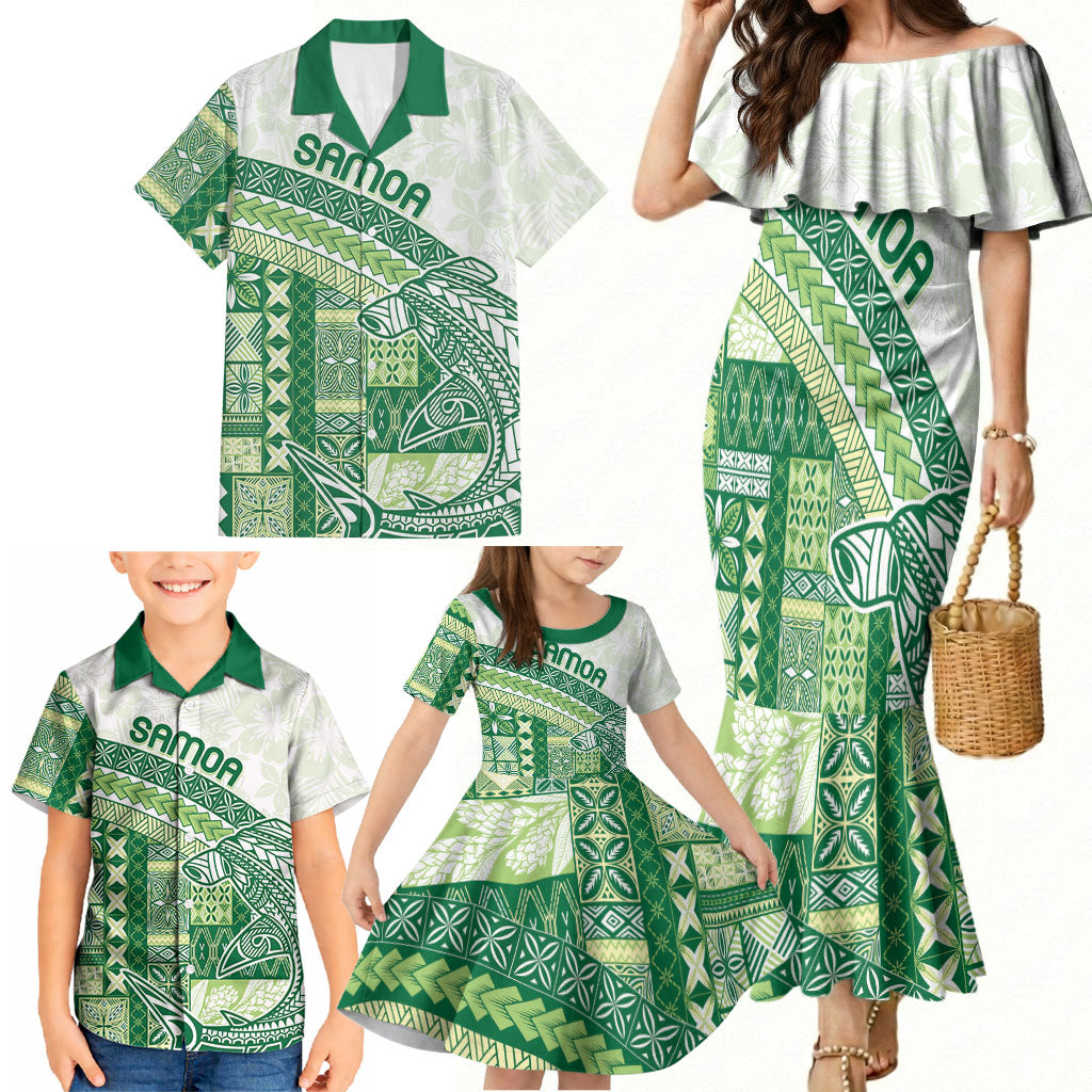 Samoa Mamanu Siapo Forest Green Family Matching Mermaid Dress and Hawaiian Shirt Tatau Malie
