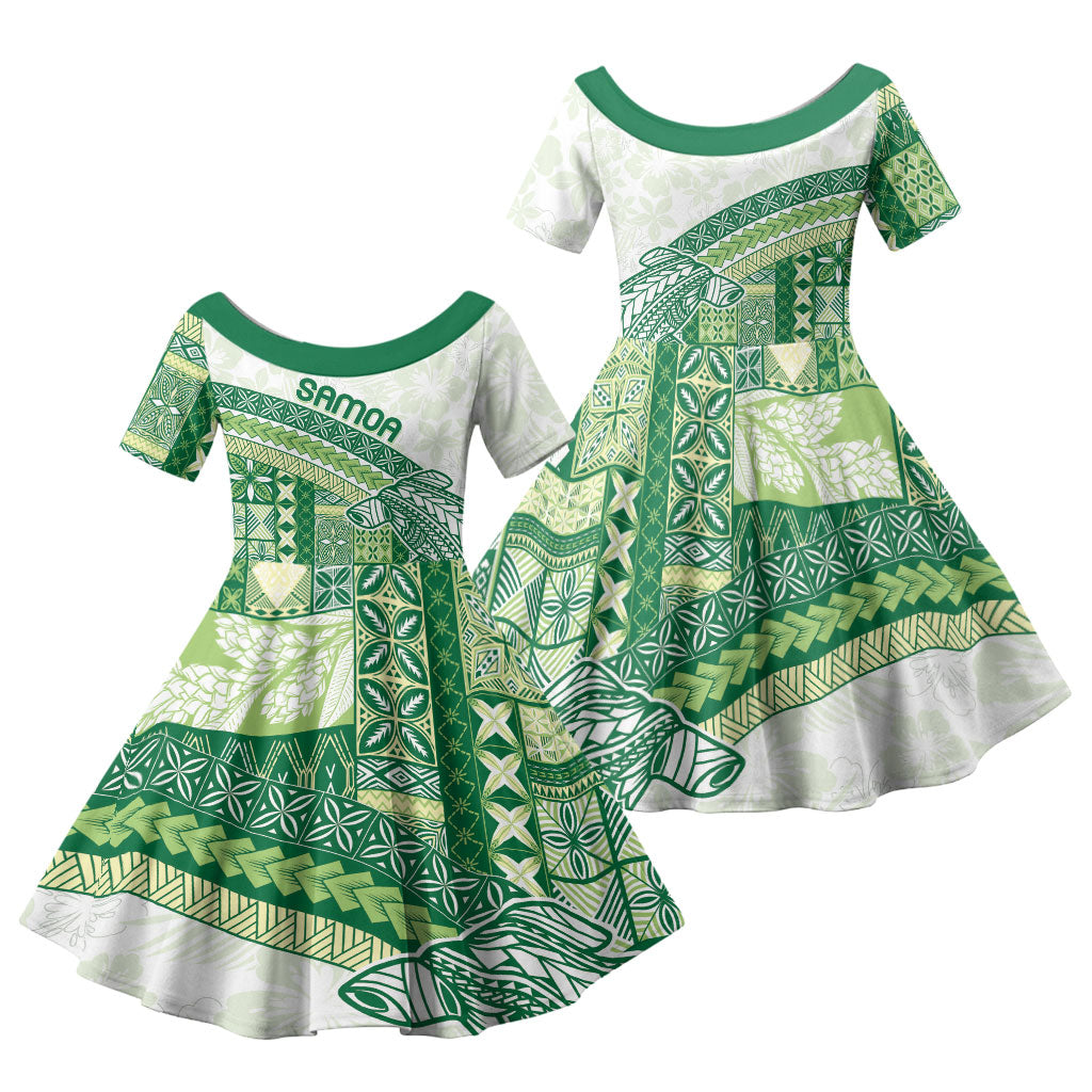 Samoa Mamanu Siapo Forest Green Family Matching Off The Shoulder Long Sleeve Dress and Hawaiian Shirt Tatau Malie
