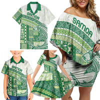 Samoa Mamanu Siapo Forest Green Family Matching Off Shoulder Short Dress and Hawaiian Shirt Tatau Malie