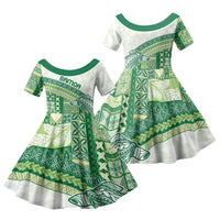 Samoa Mamanu Siapo Forest Green Family Matching Off Shoulder Short Dress and Hawaiian Shirt Tatau Malie