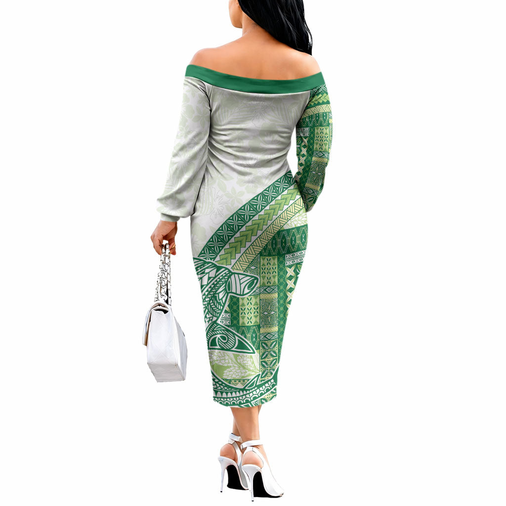Samoa Mamanu Siapo Forest Green Off The Shoulder Long Sleeve Dress Tatau Malie