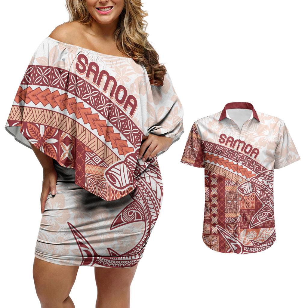 Samoa Mamanu Siapo Crimson Couples Matching Off Shoulder Short Dress and Hawaiian Shirt Tatau Malie