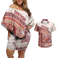 Samoa Mamanu Siapo Crimson Couples Matching Off Shoulder Short Dress and Hawaiian Shirt Tatau Malie
