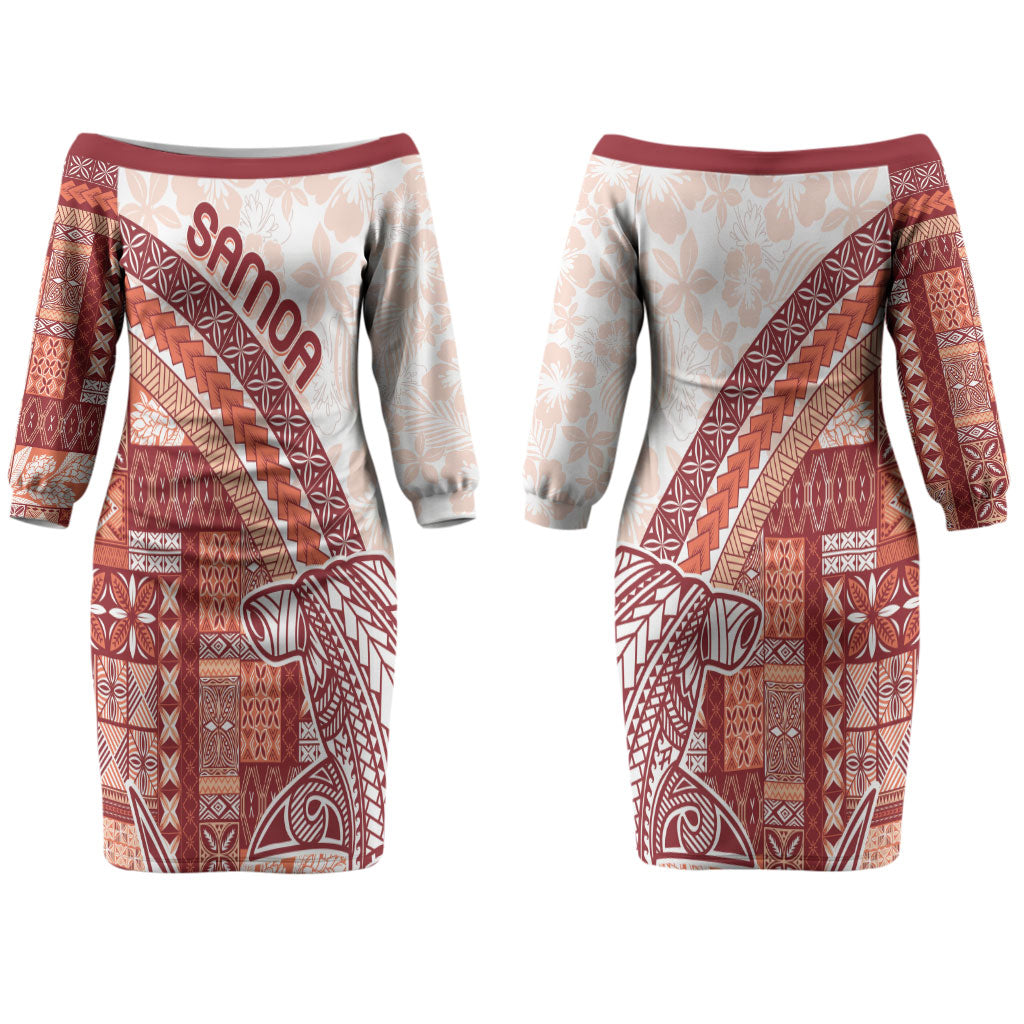 Samoa Mamanu Siapo Crimson Couples Matching Off The Shoulder Long Sleeve Dress and Hawaiian Shirt Tatau Malie