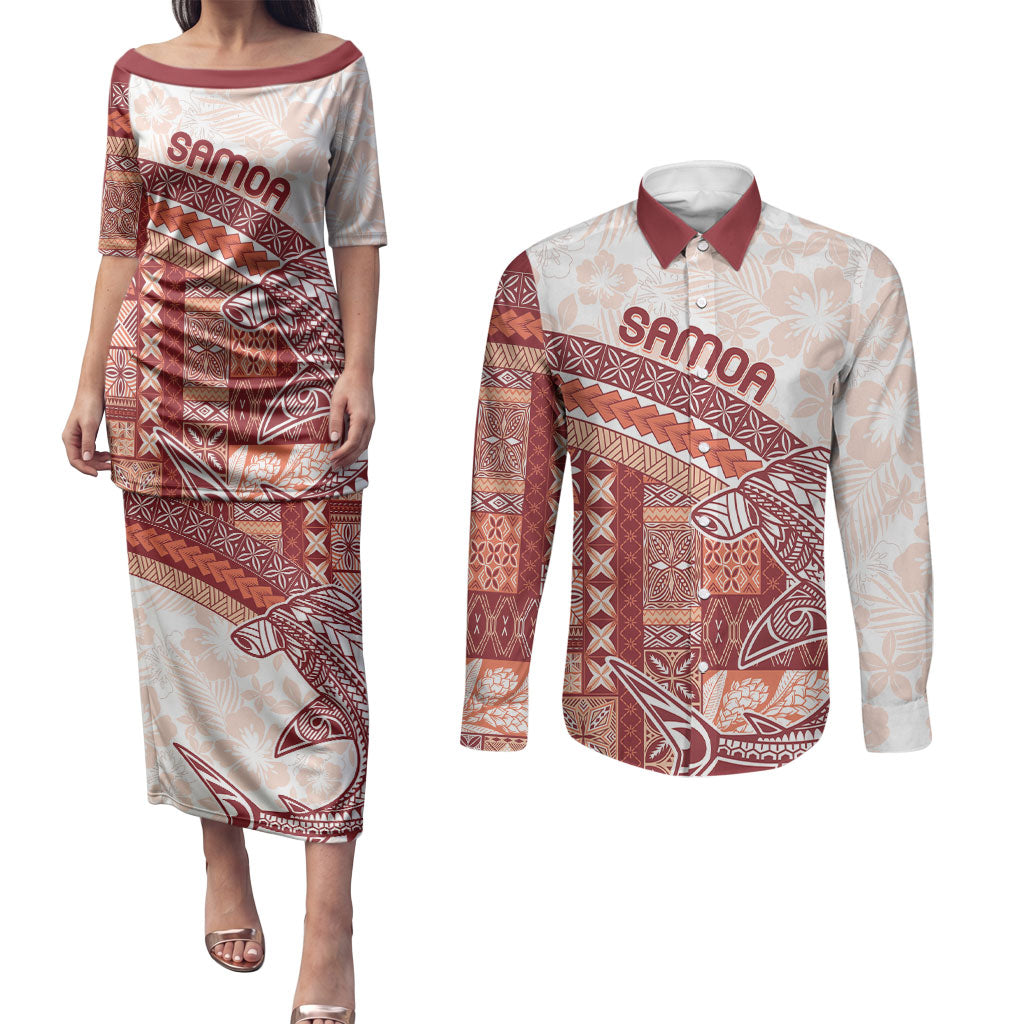 Samoa Mamanu Siapo Crimson Couples Matching Puletasi and Long Sleeve Button Shirt Tatau Malie