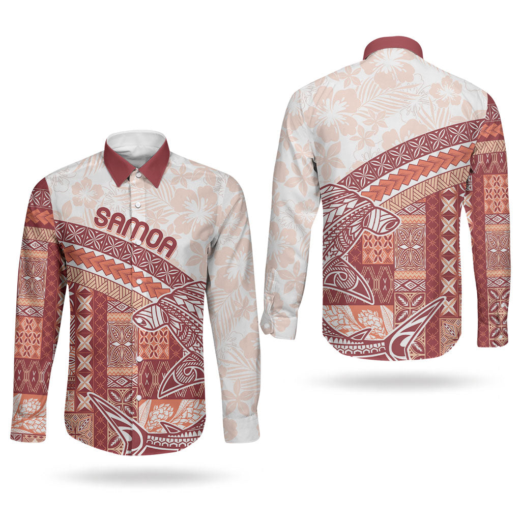 Samoa Mamanu Siapo Crimson Couples Matching Puletasi and Long Sleeve Button Shirt Tatau Malie