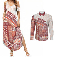 Samoa Mamanu Siapo Crimson Couples Matching Summer Maxi Dress and Long Sleeve Button Shirt Tatau Malie