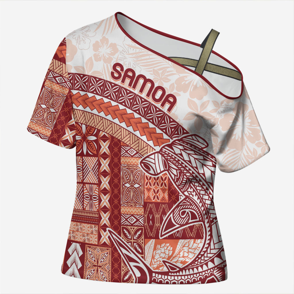 Samoa Mamanu Siapo Crimson Cross Shoulder Shirt Tatau Malie