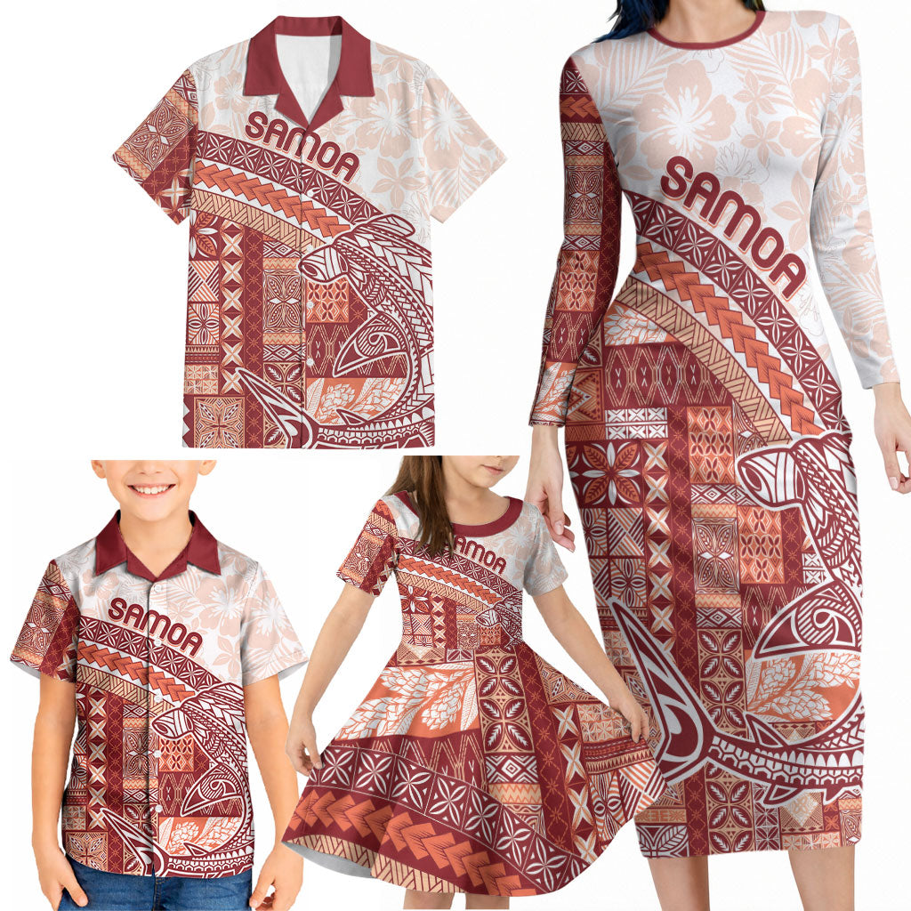 Samoa Mamanu Siapo Crimson Family Matching Long Sleeve Bodycon Dress and Hawaiian Shirt Tatau Malie
