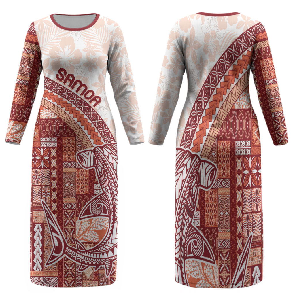Samoa Mamanu Siapo Crimson Family Matching Long Sleeve Bodycon Dress and Hawaiian Shirt Tatau Malie