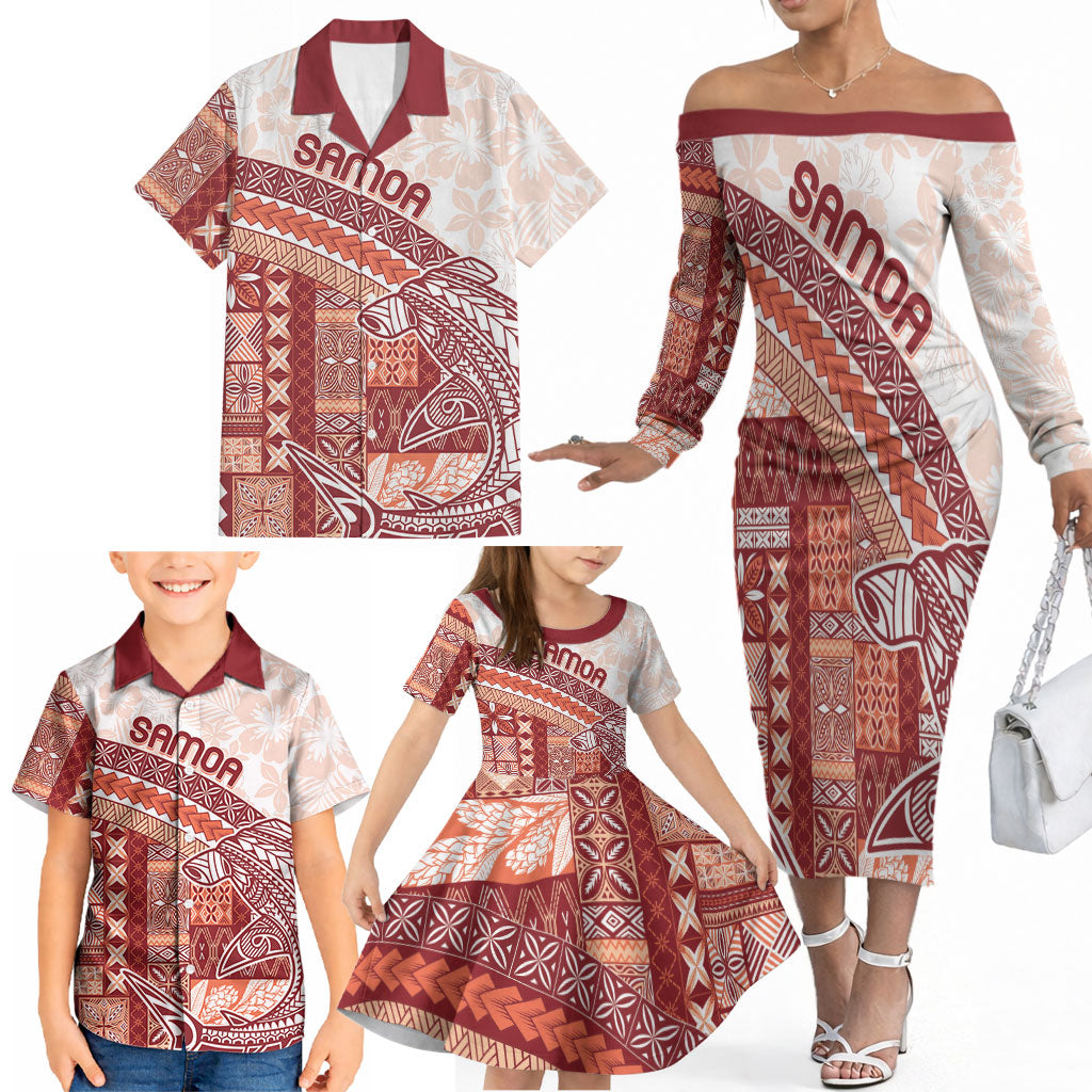 Samoa Mamanu Siapo Crimson Family Matching Off The Shoulder Long Sleeve Dress and Hawaiian Shirt Tatau Malie