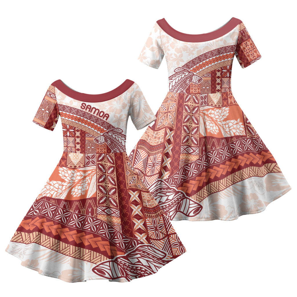 Samoa Mamanu Siapo Crimson Family Matching Off The Shoulder Long Sleeve Dress and Hawaiian Shirt Tatau Malie
