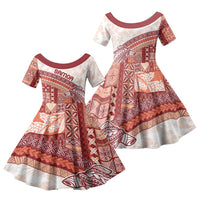 Samoa Mamanu Siapo Crimson Family Matching Off Shoulder Short Dress and Hawaiian Shirt Tatau Malie