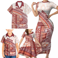 Samoa Mamanu Siapo Crimson Family Matching Short Sleeve Bodycon Dress and Hawaiian Shirt Tatau Malie