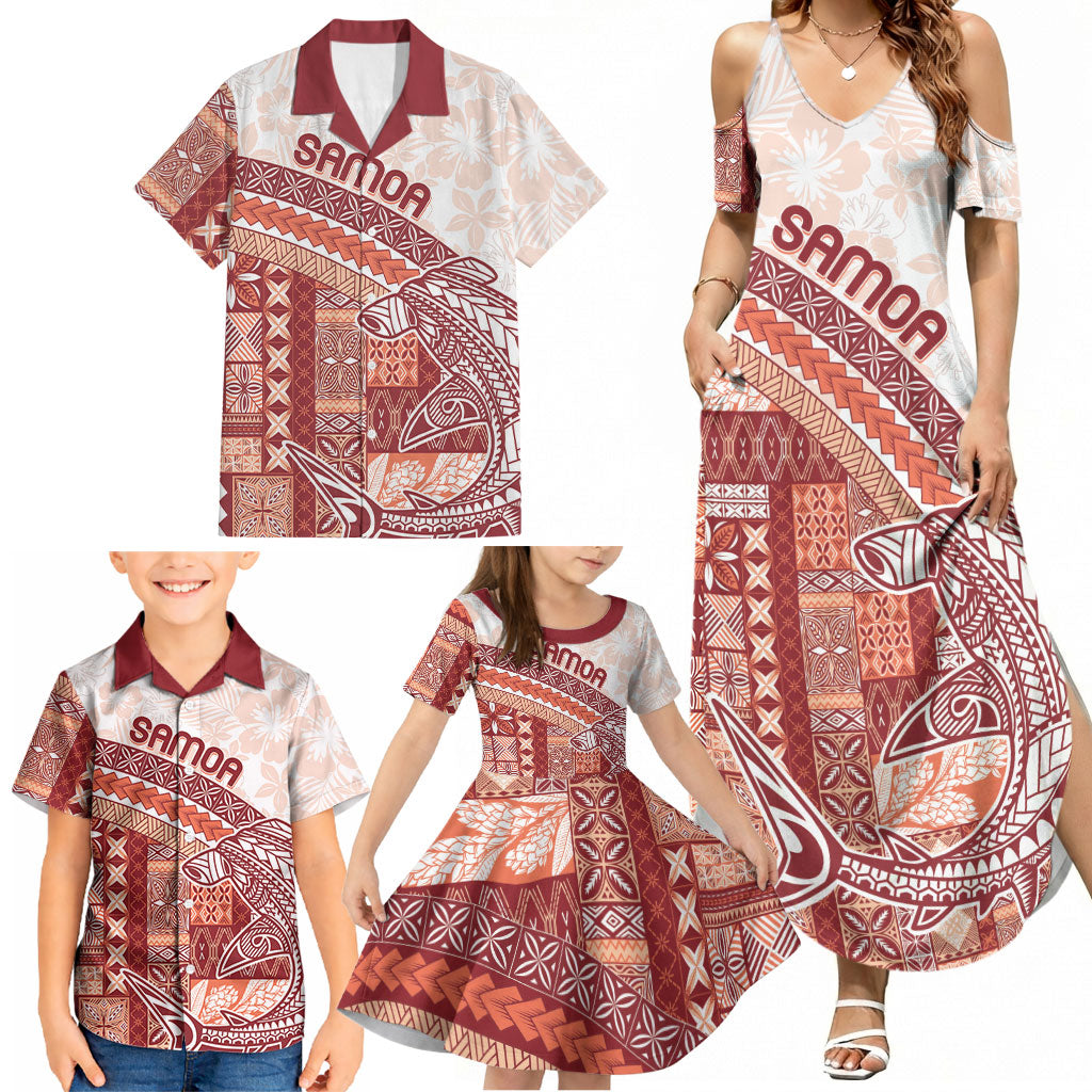 Samoa Mamanu Siapo Crimson Family Matching Summer Maxi Dress and Hawaiian Shirt Tatau Malie