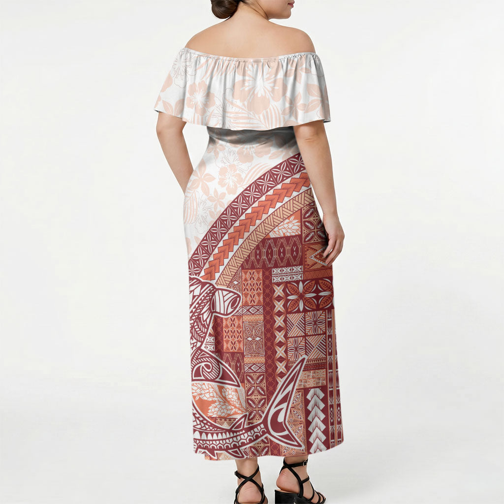 Samoa Mamanu Siapo Crimson Off Shoulder Maxi Dress Tatau Malie