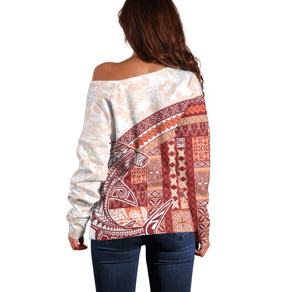 Samoa Mamanu Siapo Crimson Off Shoulder Sweater Tatau Malie