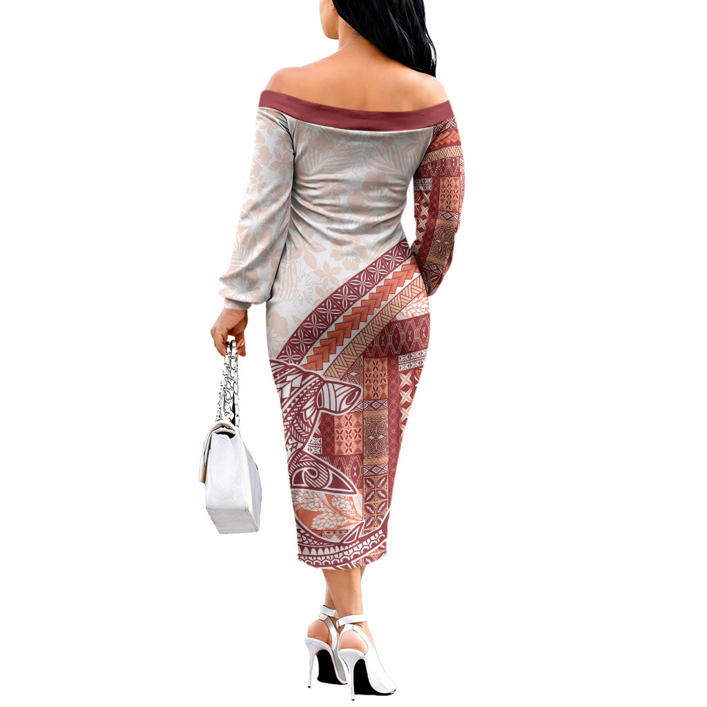 Samoa Mamanu Siapo Crimson Off The Shoulder Long Sleeve Dress Tatau Malie