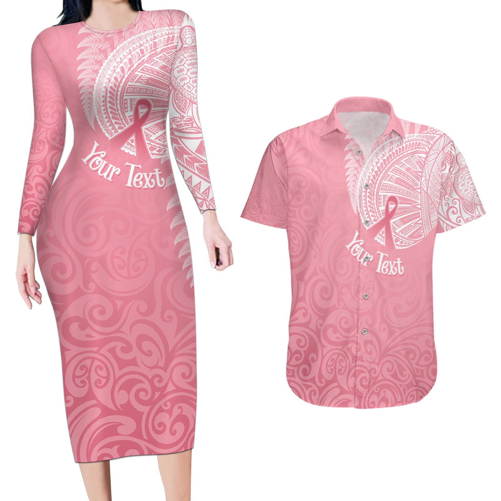 personalised-new-zealand-couples-matching-long-sleeve-bodycon-dress-and-hawaiian-shirt-pink-ribbon-tattoo-mix-silver-fern