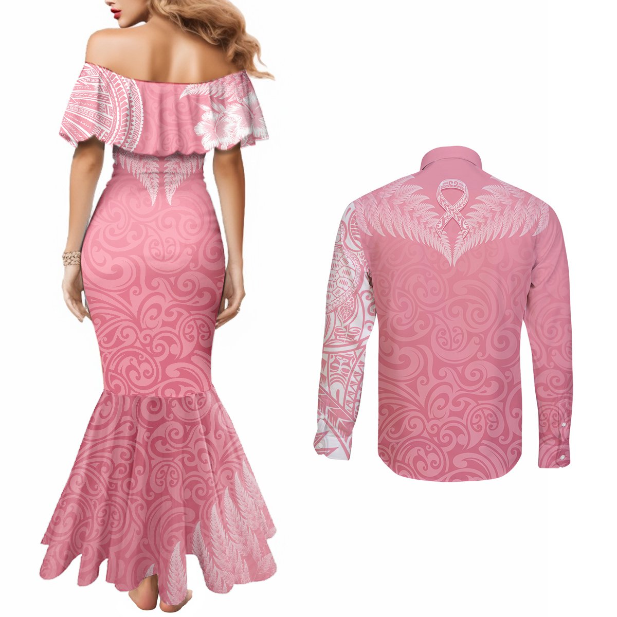 personalised-new-zealand-couples-matching-mermaid-dress-and-long-sleeve-button-shirts-pink-ribbon-tattoo-mix-silver-fern