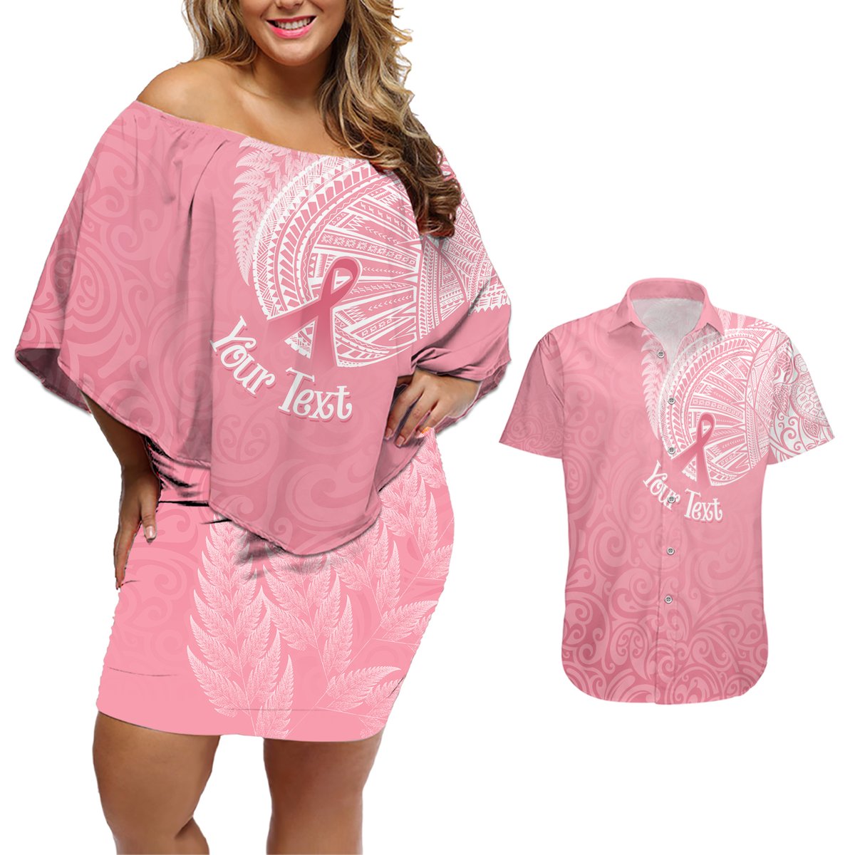 Personalised New Zealand Couples Matching Off Shoulder Short Dress and Hawaiian Shirt Pink Ribbon Tattoo Mix Silver Fern LT7 Pink - Polynesian Pride