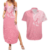 Personalised New Zealand Couples Matching Summer Maxi Dress and Hawaiian Shirt Pink Ribbon Tattoo Mix Silver Fern LT7 Pink - Polynesian Pride