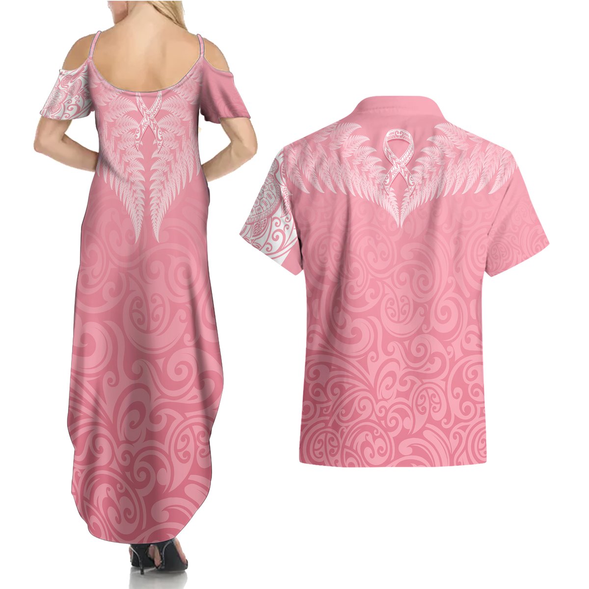 Personalised New Zealand Couples Matching Summer Maxi Dress and Hawaiian Shirt Pink Ribbon Tattoo Mix Silver Fern LT7 - Polynesian Pride