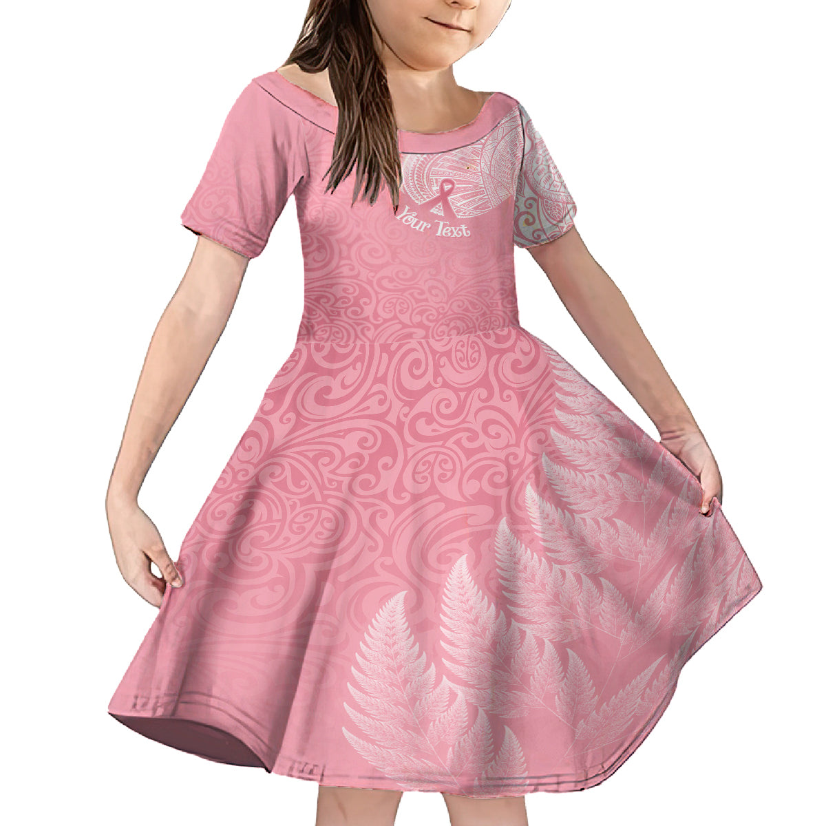 Personalised New Zealand Family Matching Off Shoulder Maxi Dress and Hawaiian Shirt Pink Ribbon Tattoo Mix Silver Fern LT7 Daughter's Dress Pink - Polynesian Pride