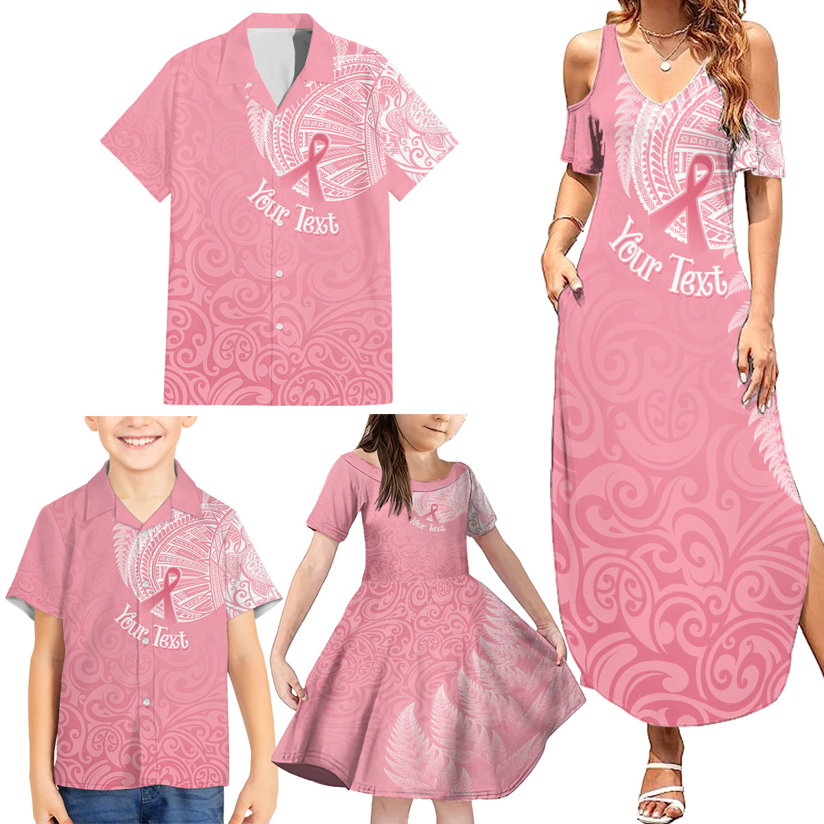 Personalised New Zealand Family Matching Summer Maxi Dress and Hawaiian Shirt Pink Ribbon Tattoo Mix Silver Fern LT7 - Polynesian Pride