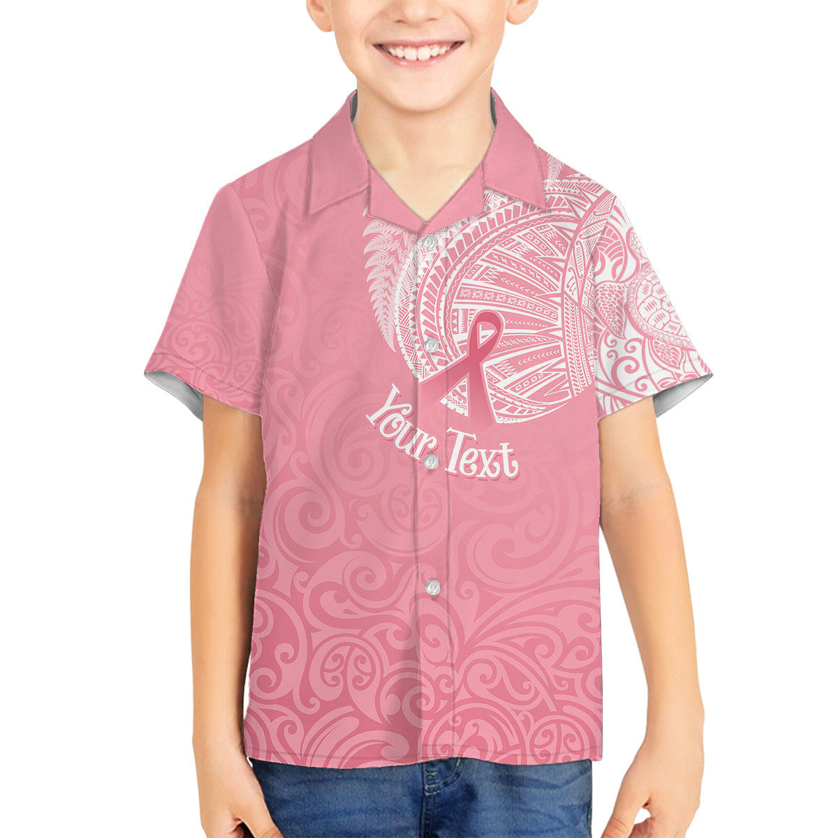 Personalised New Zealand Family Matching Summer Maxi Dress and Hawaiian Shirt Pink Ribbon Tattoo Mix Silver Fern LT7 Son's Shirt Pink - Polynesian Pride