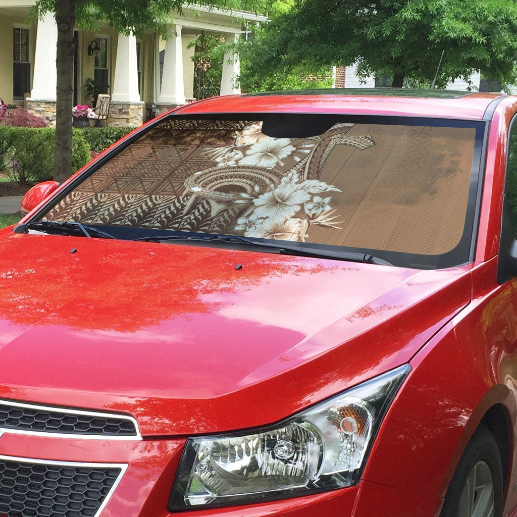Tonga Ngatu Kupesi Brown Tapa Auto Sun Shade Koe Otua Mo Tonga Ko Hoku Tofia LT7 - Polynesian Pride