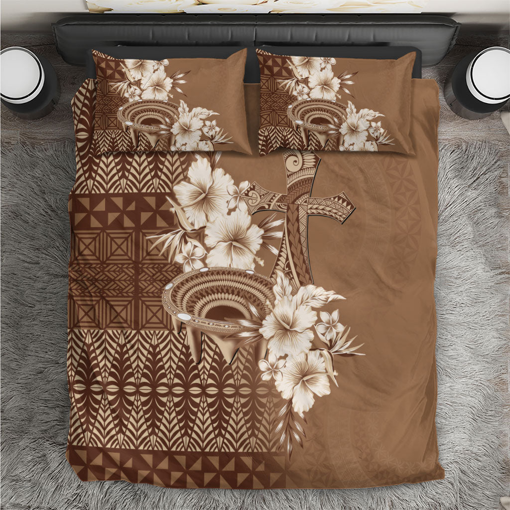 Tonga Ngatu Kupesi Brown Tapa Bedding Set Koe Otua Mo Tonga Ko Hoku Tofia LT7 Mocha - Polynesian Pride