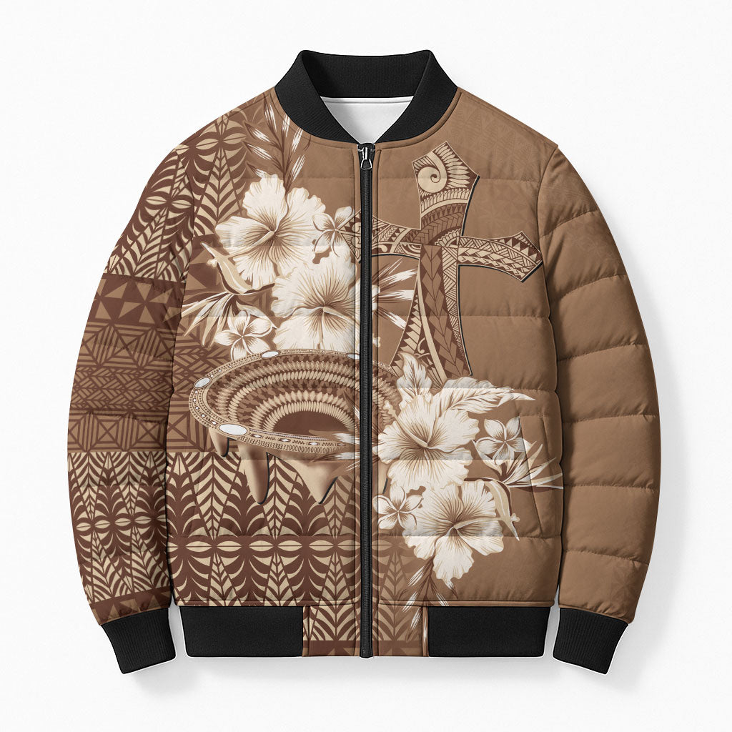Tonga Ngatu Kupesi Brown Tapa Bomber Puffer Jacket Koe Otua Mo Tonga Ko Hoku Tofia LT7 Unisex Mocha - Polynesian Pride
