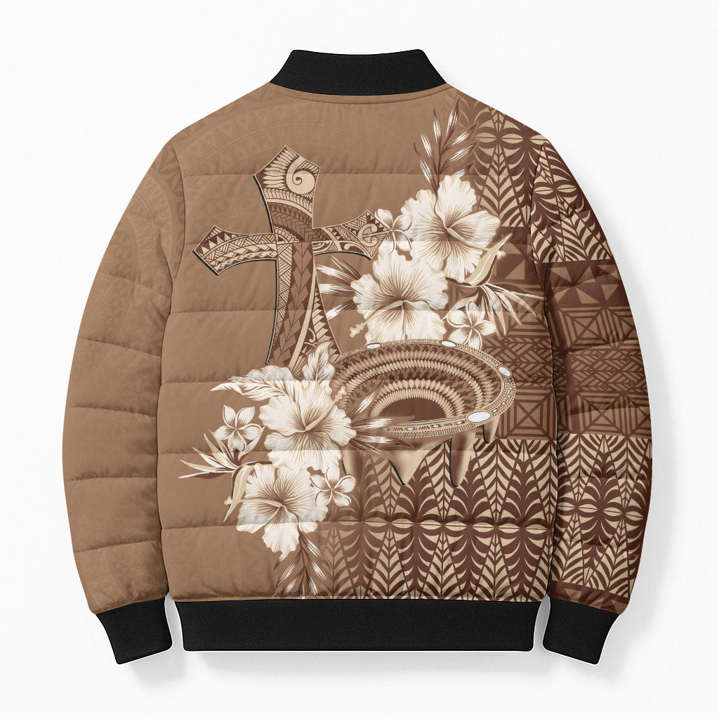 Tonga Ngatu Kupesi Brown Tapa Bomber Puffer Jacket Koe Otua Mo Tonga Ko Hoku Tofia LT7 - Polynesian Pride