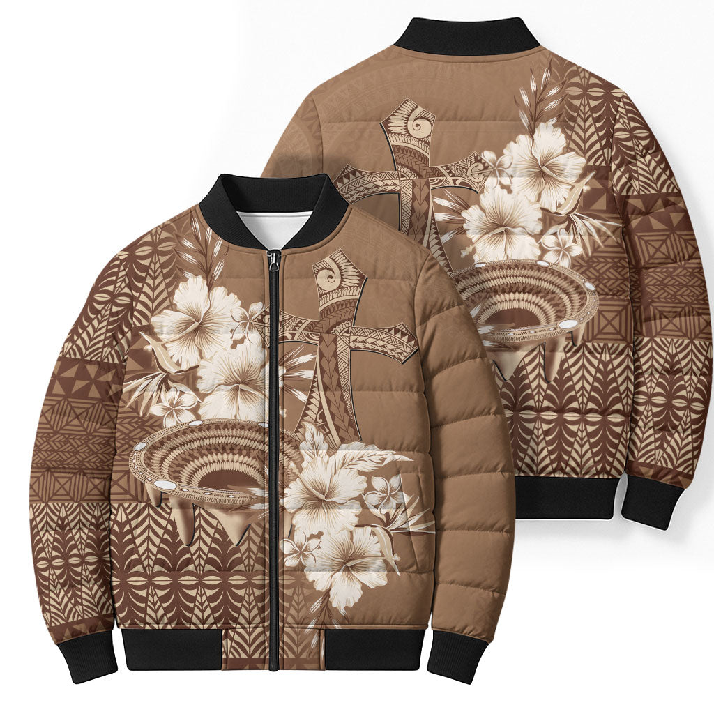 Tonga Ngatu Kupesi Brown Tapa Bomber Puffer Jacket Koe Otua Mo Tonga Ko Hoku Tofia LT7 - Polynesian Pride