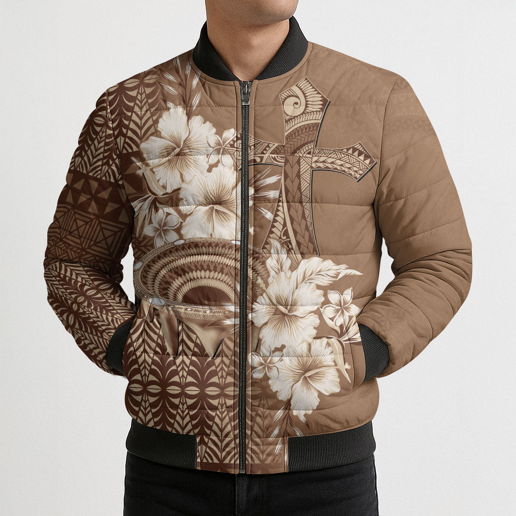 Tonga Ngatu Kupesi Brown Tapa Bomber Puffer Jacket Koe Otua Mo Tonga Ko Hoku Tofia LT7 - Polynesian Pride