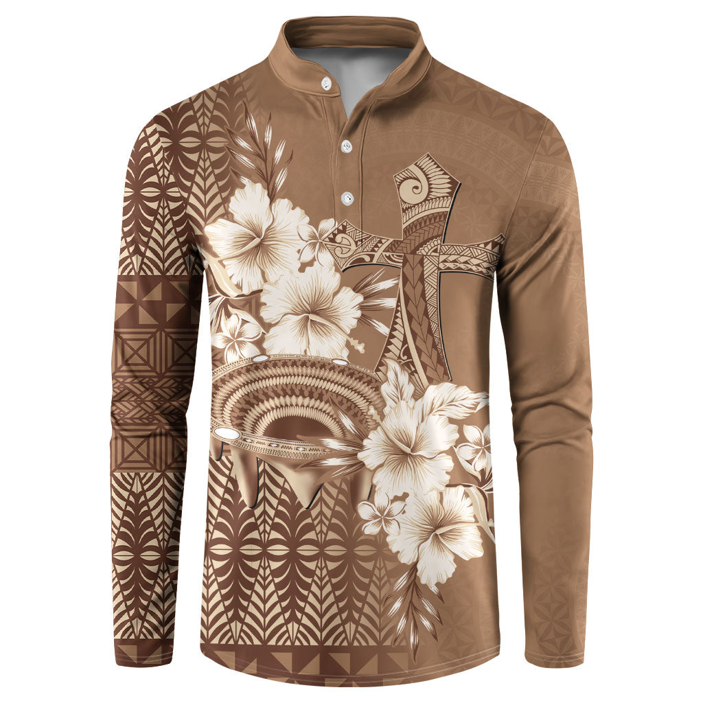 Tonga Ngatu Kupesi Brown Tapa Button Sweatshirt Koe Otua Mo Tonga Ko Hoku Tofia LT7 Mocha - Polynesian Pride