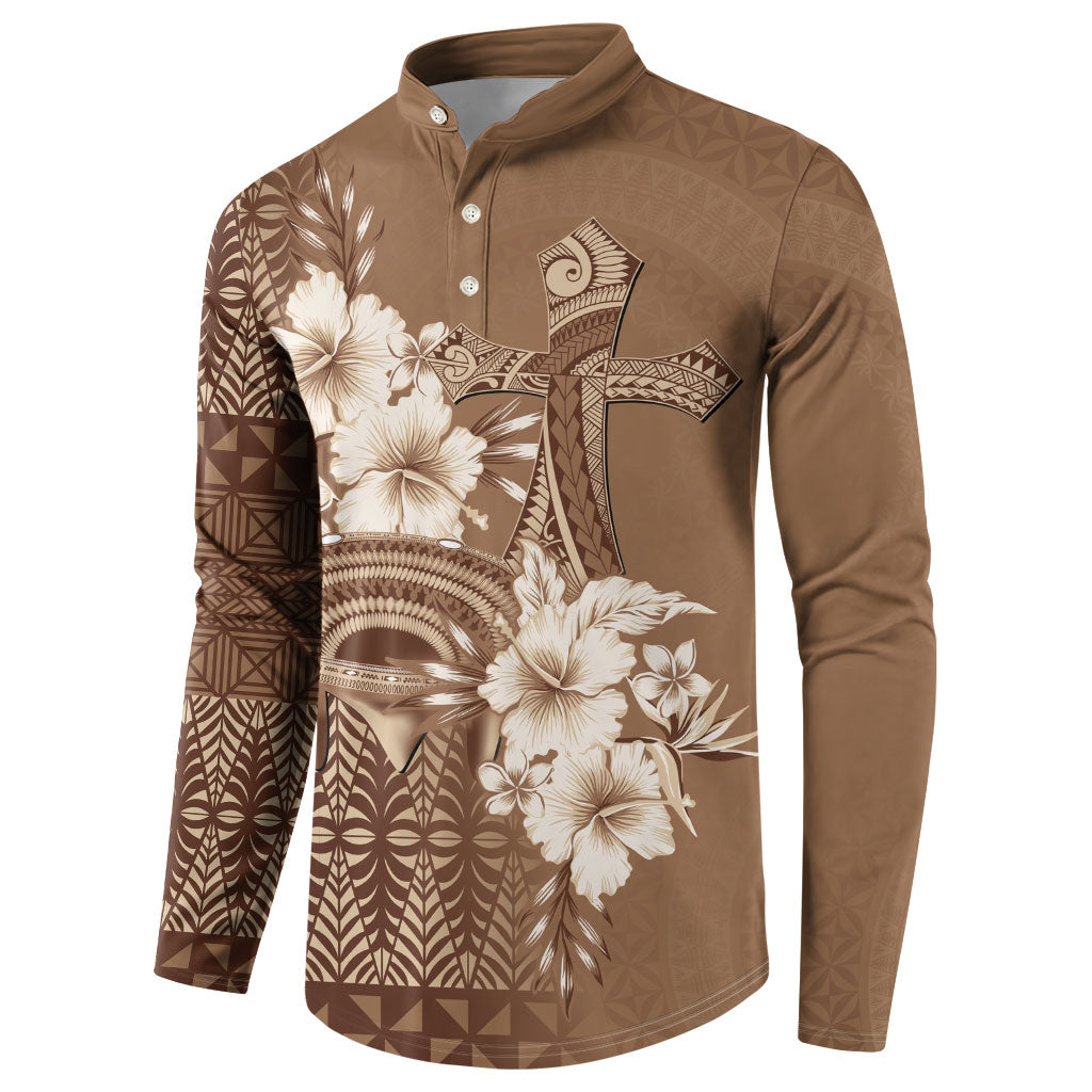 Tonga Ngatu Kupesi Brown Tapa Button Sweatshirt Koe Otua Mo Tonga Ko Hoku Tofia LT7 - Polynesian Pride