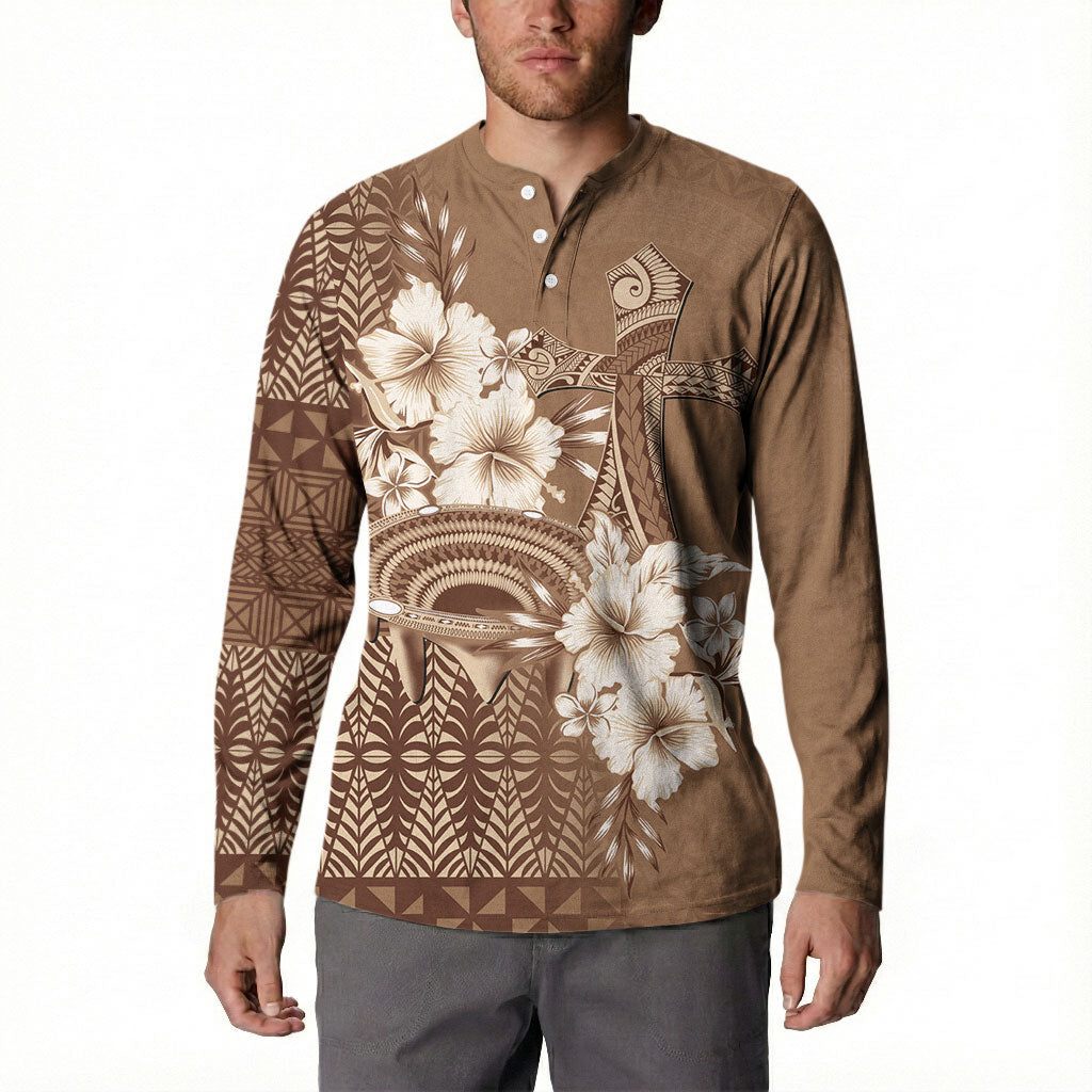 Tonga Ngatu Kupesi Brown Tapa Button Sweatshirt Koe Otua Mo Tonga Ko Hoku Tofia LT7 - Polynesian Pride