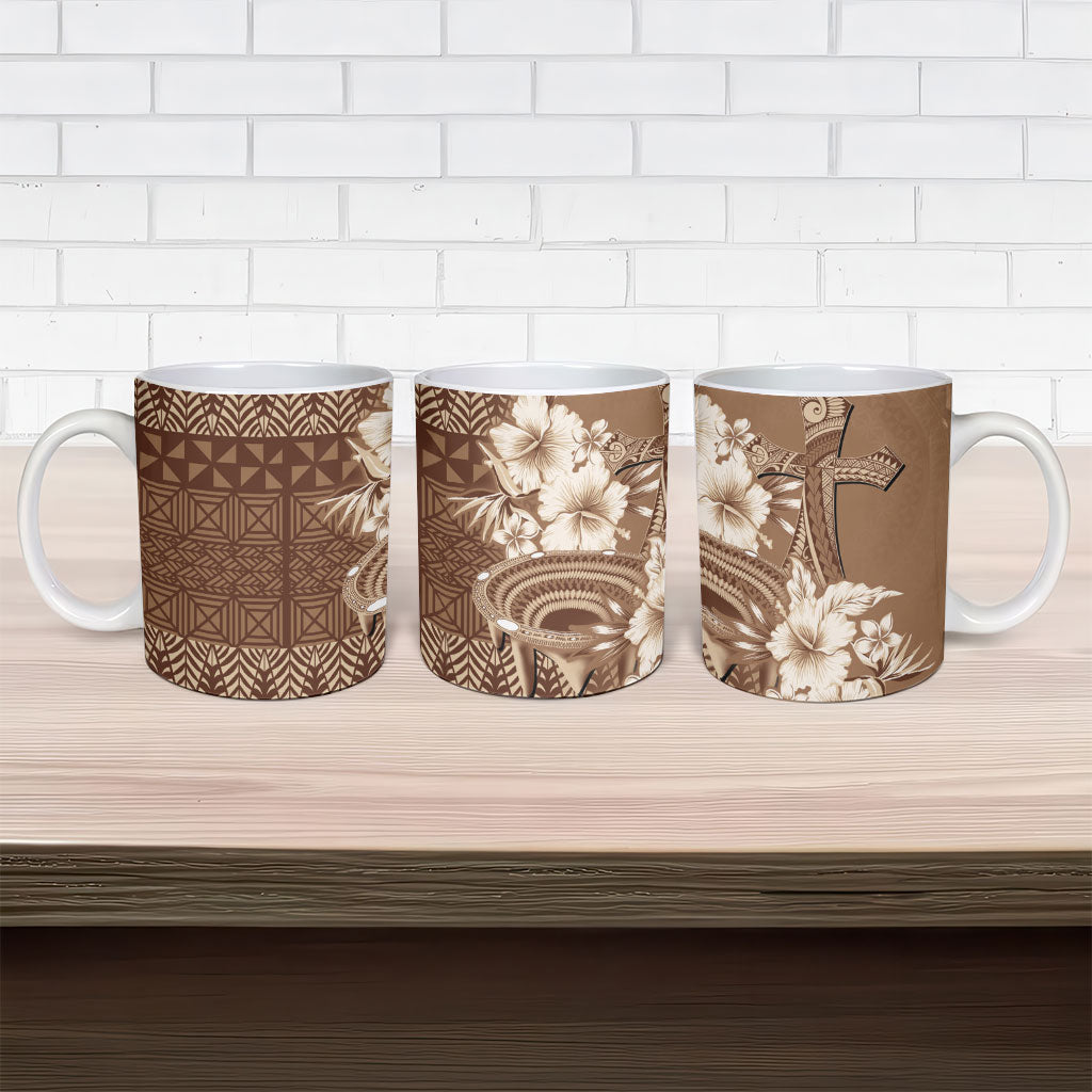 Tonga Ngatu Kupesi Brown Tapa Ceramic Mug Koe Otua Mo Tonga Ko Hoku Tofia LT7 - Polynesian Pride
