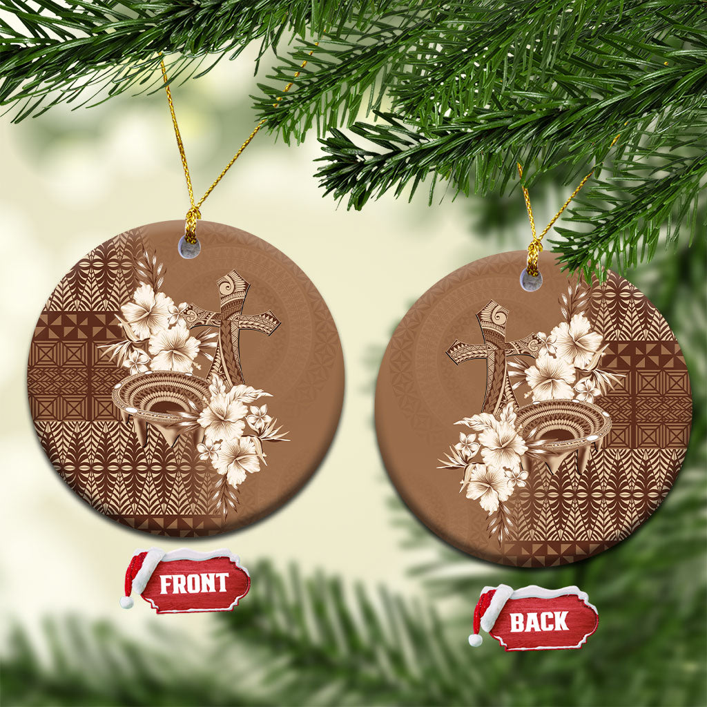Tonga Ngatu Kupesi Brown Tapa Ceramic Ornament Koe Otua Mo Tonga Ko Hoku Tofia LT7 Circle Mocha - Polynesian Pride