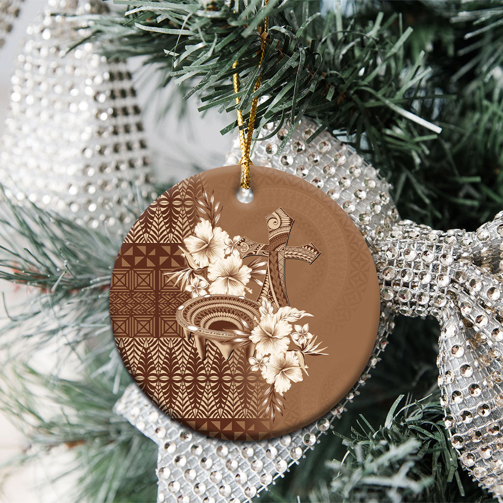 Tonga Ngatu Kupesi Brown Tapa Ceramic Ornament Koe Otua Mo Tonga Ko Hoku Tofia LT7 - Polynesian Pride